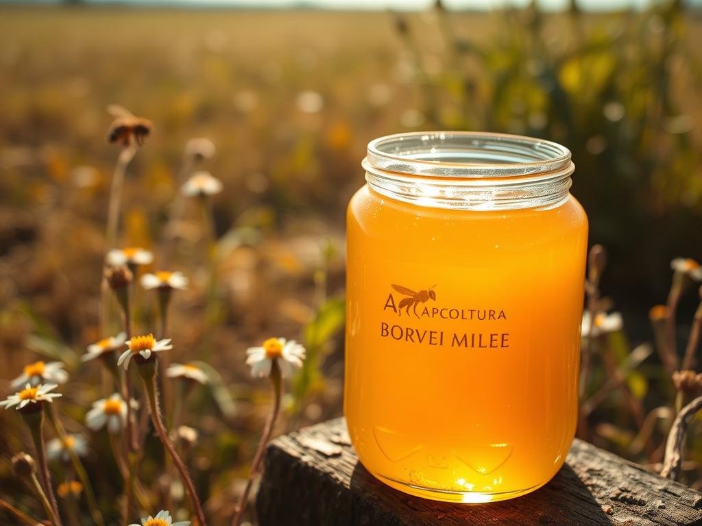 A close-up photograph of a jar filled with pure golden honey, its surface shimmering with natural beeswax. Soft, natural lighting illuminates the jar's contents, revealing the texture and viscosity of the honey. In the background, a sparse field of wildflowers and verdant foliage creates a serene, pastoral scene. The APICOLTURA BORVEI MIELE branding is subtly displayed on the jar's label. The overall mood is one of rustic elegance, conveying the natural and therapeutic properties of the bee-derived ingredients. A close-up photograph of a jar filled with pure golden honey, its surface shimmering with natural beeswax. Soft, natural lighting illuminates the jar's contents, revealing the texture and viscosity of the honey. In the background, a sparse field of wildflowers and verdant foliage creates a serene, pastoral scene. The APICOLTURA BORVEI MIELE branding is subtly displayed on the jar's label. The overall mood is one of rustic elegance, conveying the natural and therapeutic properties of the bee-derived ingredients.