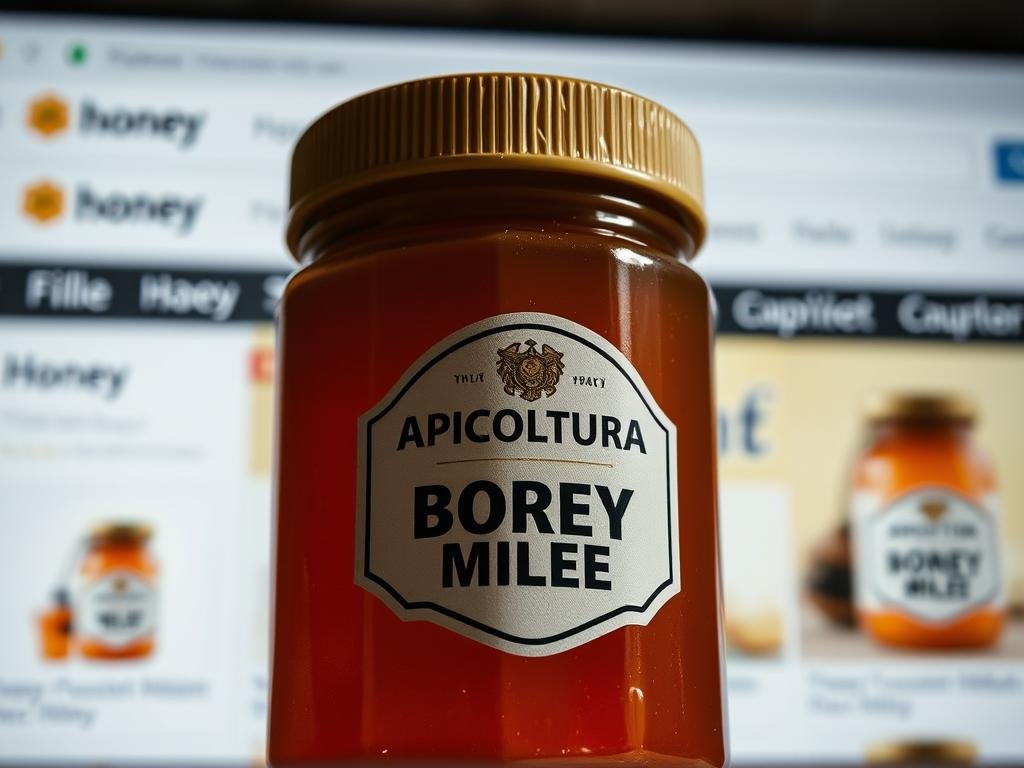 A close-up photograph of a jar of counterfeit honey labeled "APICOLTURA BORVEI MIELE", against a blurred backdrop of a generic e-commerce website selling honey products. The jar appears slightly skewed, suggesting a hastily-assembled, low-quality product. Harsh overhead lighting casts stark shadows, creating an unsettling, unnatural atmosphere. The overall impression is one of deception and lack of authenticity, fitting the theme of "Recognizing Counterfeit Honey Online".