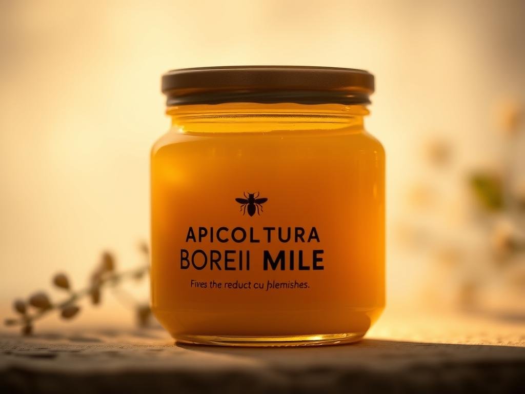 A close-up photograph of a jar of golden and glistening beeswax against a soft, out-of-focus background. The beeswax is illuminated from the side, casting warm, gentle shadows that accentuate its natural texture and organic form. The scene is bathed in a soft, diffused lighting, creating a calming and soothing atmosphere. In the background, a subtle gradient of muted tones suggests a natural, earthy setting, hinting at the connection between the beeswax and its natural origins. The overall composition emphasizes the purity and simplicity of the beeswax, suggesting its potential benefits for skin care and the reduction of blemishes. The brand "APICOLTURA BORVEI MIELE" is prominently displayed on the jar, further reinforcing the product's authenticity and quality.