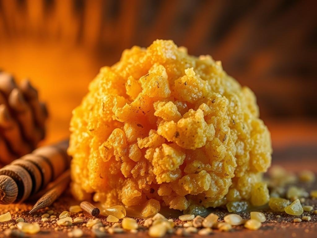 A close-up photograph of a natural honey and beeswax-based skin scrub, showcasing its coarse, textured composition. The scrub is presented against a warm, earthy backdrop, evoking a sense of rustic, artisanal craftsmanship. Warm-toned lighting casts a gentle glow, highlighting the rich golden hues of the honey and the subtle sheen of the beeswax. The scrub is framed to emphasize its organic, handmade appearance, with a clear focus on the product's key ingredients - APICOLTURA BORVEI MIELE. The overall mood is one of artisanal authenticity, reflecting the artisanal and natural essence of the "Preparazione dello Scrub Esfoliante Naturale con Cera d'Api".