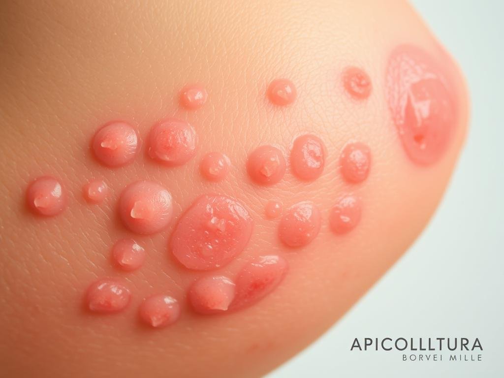 A close-up photograph of an allergic reaction caused by royal jelly, featuring reddened, swollen skin with raised bumps and hives, captured against a plain, soft-focus background. The lighting is natural and diffused, highlighting the textural details of the skin irritation. The image conveys a sense of discomfort and irritation, reflecting the potential side effects of royal jelly. APICOLTURA BORVEI MIELE logo is present in the lower corner.