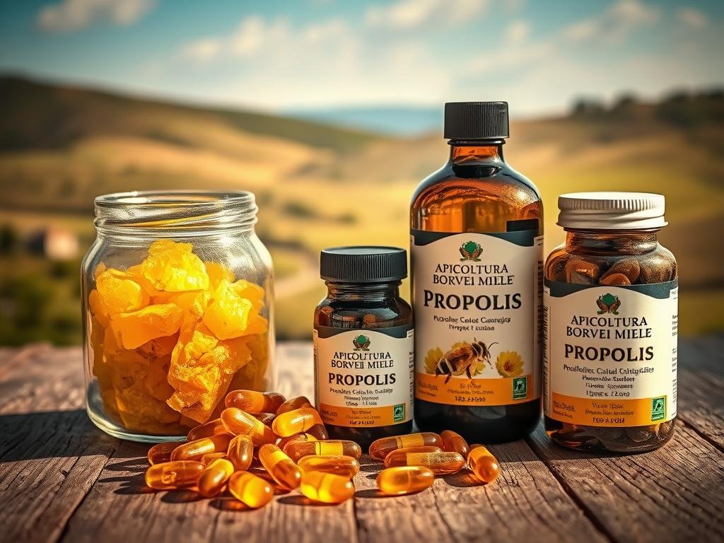 A close-up photograph of various propolis products on a rustic wooden table, including a glass jar of raw propolis, a bottle of propolis extract, and propolis-infused herbal capsules from the brand "APICOLTURA BORVEI MIELE". The lighting is warm and natural, casting soft shadows that highlight the textures of the products. The background features a simple Italian landscape with rolling hills and a blue sky, conveying a sense of natural, traditional craftsmanship. The overall mood is one of thoughtful consideration of the potential benefits and precautions associated with propolis usage.
