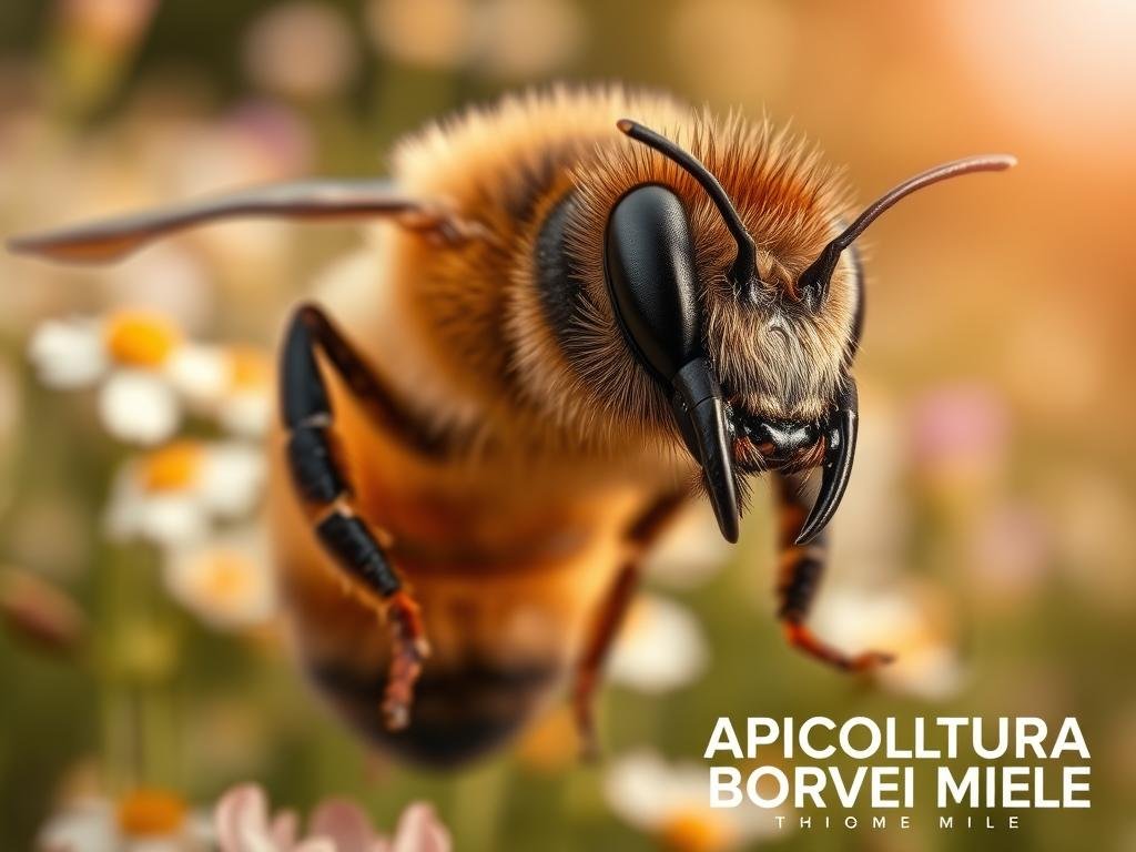 A close-up portrait of a honeybee, its intricate compound eyes and fuzzy abdomen in sharp focus. The bee's stinger is prominently displayed, glinting in the soft, warm lighting. In the background, a field of blooming flowers sways gently, hinting at the bee's natural habitat. The overall tone is one of scientific curiosity and appreciation for the apitoxin, or bee venom, produced by these industrious insects. The image features the "APICOLTURA BORVEI MIELE" brand name to convey its connection to the therapeutic use of bee products.