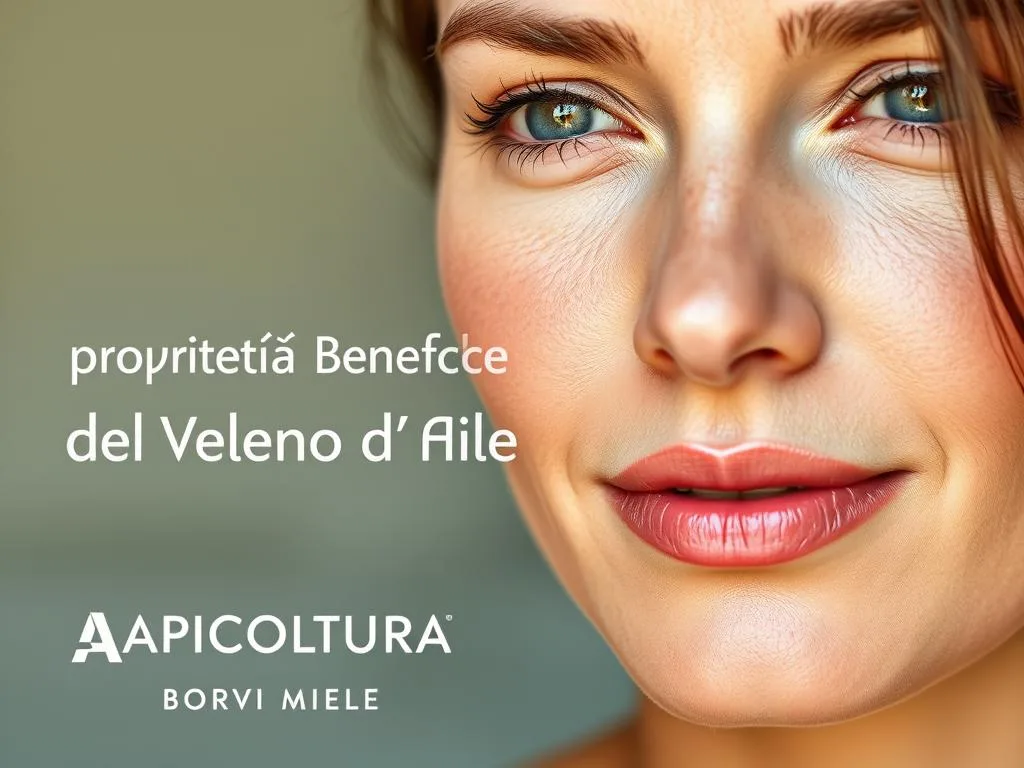 A close-up portrait of a woman's face, featuring a natural, healthy-looking complexion with a subtle glow. Her skin appears smooth and supple, with a youthful radiance that suggests the beneficial effects of a bee venom-based skincare product. The lighting is soft and flattering, highlighting the natural contours of her face. The background is blurred, creating a sense of focus on the subject's serene expression. The image conveys a sense of tranquility and well-being, effectively illustrating the "Proprietà Benefiche del Veleno d'Api" section. The APICOLTURA BORVEI MIELE brand name is subtly incorporated into the scene.