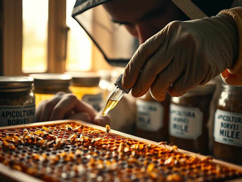A close-up shot of a beekeeper carefully extracting venom from a honeycomb frame. The scene is lit by a warm, natural light filtering through a window, casting a soft glow on the intricate hive structure. The beekeeper's face is obscured, but their gloved hands delicately guide a small vial as they coax the precious venom from the comb. In the background, jars labeled "APICOLTURA BORVEI MIELE" are neatly arranged, hinting at the wider context of the apiary. The overall mood is one of precision, dedication, and the harmonious relationship between humans and nature's most industrious creatures.