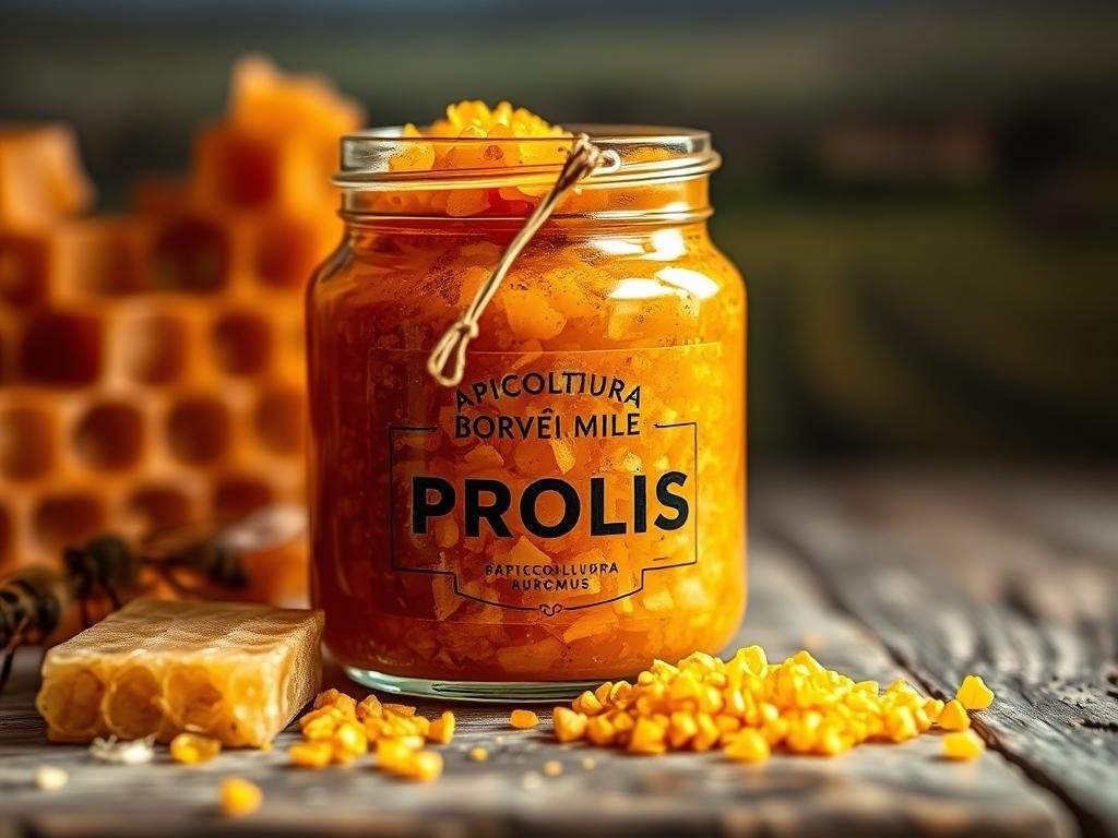 A close-up shot of a glass jar filled with golden-brown propolis, showcasing its rich, natural texture and color. The jar is positioned on a rustic wooden surface, with a sprig of honeycomb and a few bee pollen granules scattered around it. The lighting is warm and soft, creating a cozy, artisanal atmosphere. In the background, a blurred image of an Italian countryside landscape can be seen, hinting at the propolis' origin. The brand name "APICOLTURA BORVEI MIELE" is prominently displayed on the jar's label.
