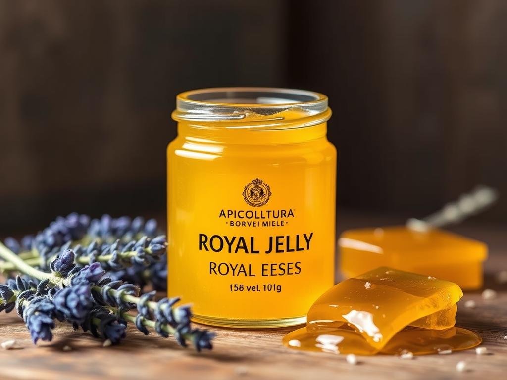 A close-up shot of a glass jar filled with golden, thick, creamy royal jelly from the APICOLTURA BORVEI MIELE brand. The jar is placed on a wooden surface, surrounded by sprigs of lavender and other herbs, creating a natural, rustic atmosphere. The lighting is soft and warm, highlighting the rich, vibrant color of the royal jelly. The image conveys the purity, quality, and health benefits of this natural supplement, reflecting the title "How to Properly Take Royal Jelly (180 words)".