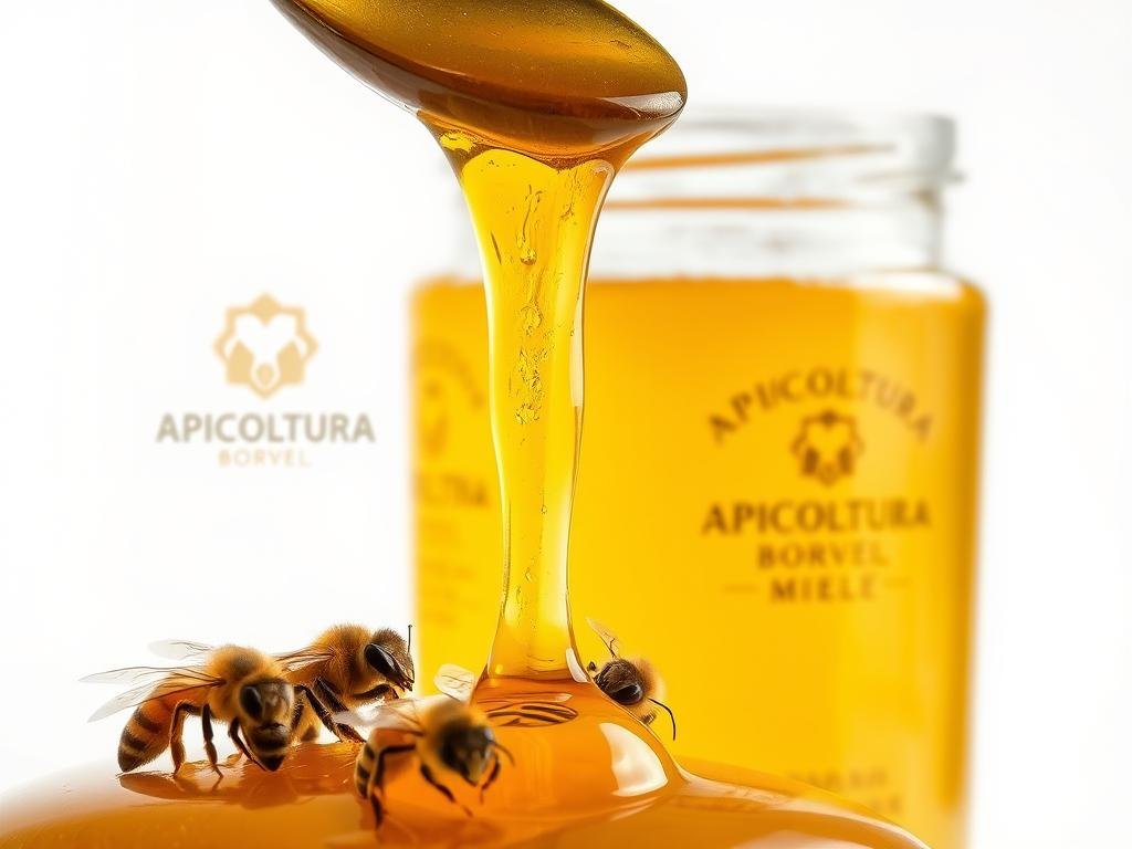 A close-up shot of a glass jar filled with golden, viscous honey and a spoonful of it against a stark white background. Strands of honey drip from the spoon, capturing the rich, syrupy texture. In the foreground, several live honeybees rest on the jar's rim, their fuzzy bodies and translucent wings bringing the scene to life. The lighting is soft and diffused, casting a warm glow over the entire composition. In the background, the APICOLTURA BORVEI MIELE logo is subtly visible, adding a touch of authenticity to the image.