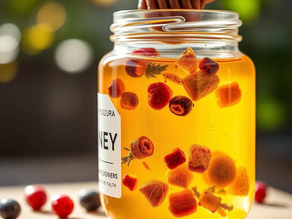 A close-up shot of a glass jar filled with golden, viscous honey, illuminated by soft, natural lighting. The jar's label prominently displays the brand name "APICOLTURA BORVEI MIELE". Suspended within the honey are various antioxidant-rich ingredients, such as berries, herbs, and other botanicals, reflecting the honey's role in supporting digestive health. The focus is sharp, revealing the intricate textures and colors of the honey and its contents. The background is blurred, emphasizing the starring role of the honey and its beneficial properties. The overall mood is one of purity, vitality, and the natural goodness of this traditional Italian product.