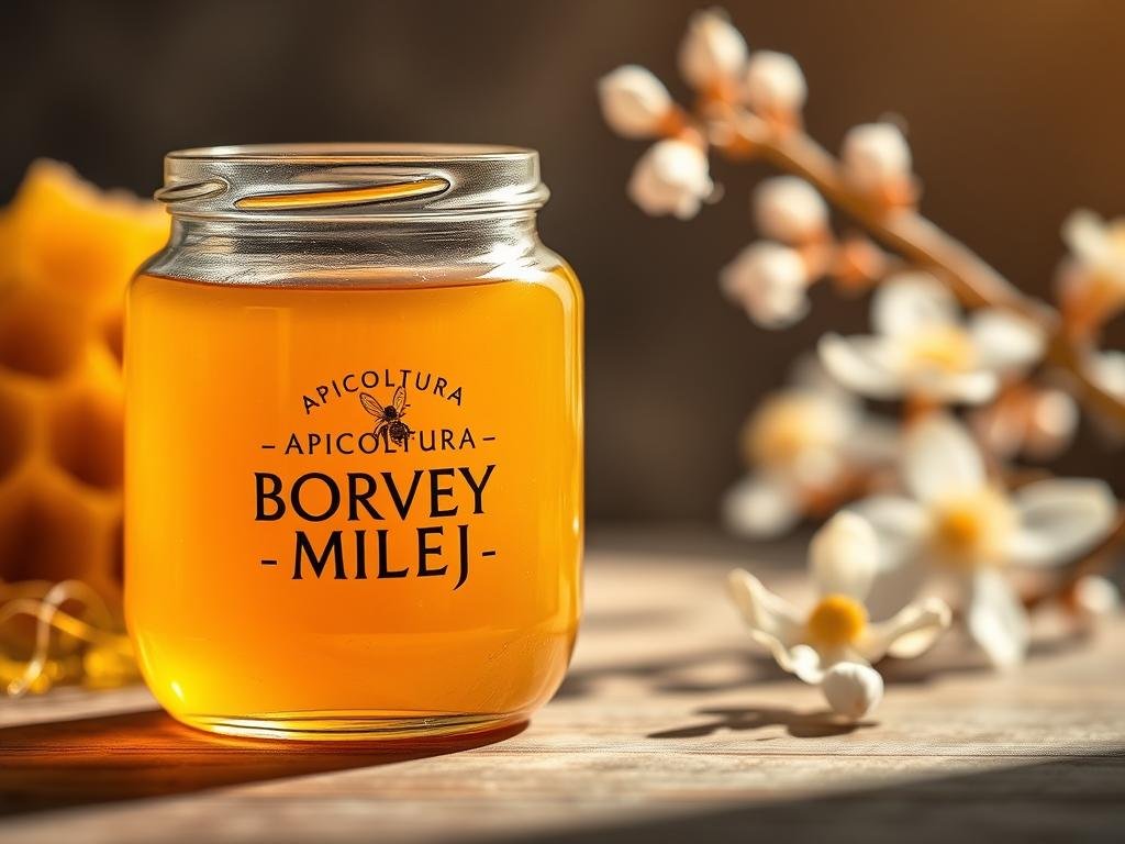 A close-up shot of a glass jar filled with golden, viscous honey, sitting atop a wooden surface. The jar prominently displays the "APICOLTURA BORVEI MIELE" brand label. The honey's warm, amber tones radiate a soft, natural glow, illuminated by gentle, directional lighting that casts subtle shadows. In the background, a blurred, out-of-focus image of fresh honeycomb and delicate flowers, hinting at the natural origins and restorative properties of the honey. The overall mood is serene, soothing, and inviting, reflecting the healing power of this beloved natural ingredient for skin care. A close-up shot of a glass jar filled with golden, viscous honey, sitting atop a wooden surface. The jar prominently displays the "APICOLTURA BORVEI MIELE" brand label. The honey's warm, amber tones radiate a soft, natural glow, illuminated by gentle, directional lighting that casts subtle shadows. In the background, a blurred, out-of-focus image of fresh honeycomb and delicate flowers, hinting at the natural origins and restorative properties of the honey. The overall mood is serene, soothing, and inviting, reflecting the healing power of this beloved natural ingredient for skin care.