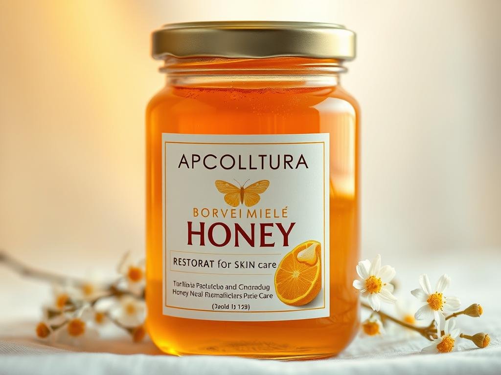 A close-up shot of a glass jar filled with golden, viscous honey, the APICOLTURA BORVEI MIELE label prominently displayed. The jar is set against a soft, diffuse background, highlighting the honey's rich color and texture. Delicate, white flowers are scattered around the jar, adding a natural, organic touch. The lighting is warm and gentle, casting a soft glow on the honey, emphasizing its translucent quality. The overall composition conveys a sense of purity, nourishment, and the restorative properties of honey for skin care. A close-up shot of a glass jar filled with golden, viscous honey, the APICOLTURA BORVEI MIELE label prominently displayed. The jar is set against a soft, diffuse background, highlighting the honey's rich color and texture. Delicate, white flowers are scattered around the jar, adding a natural, organic touch. The lighting is warm and gentle, casting a soft glow on the honey, emphasizing its translucent quality. The overall composition conveys a sense of purity, nourishment, and the restorative properties of honey for skin care.