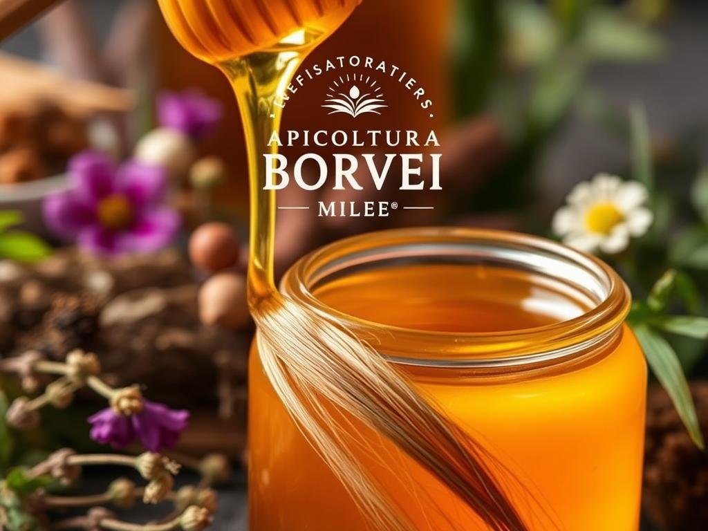 A close-up shot of a glass jar filled with golden, viscous honey. The honey glistens under soft, warm lighting, casting a gentle glow. Surrounding the jar, a lush display of natural ingredients associated with hair care, such as herbs, flowers, and leaves. In the foreground, a few strands of healthy, shiny hair are delicately nestled into the honey, highlighting its nourishing properties. In the background, the logo "APICOLTURA BORVEI MIELE" is prominently featured, emphasizing the artisanal nature of the honey. The overall composition conveys the beneficial effects of honey on hair health, reflecting the section title "I Benefici del Miele per la Salute dei Capelli (200 parole)".