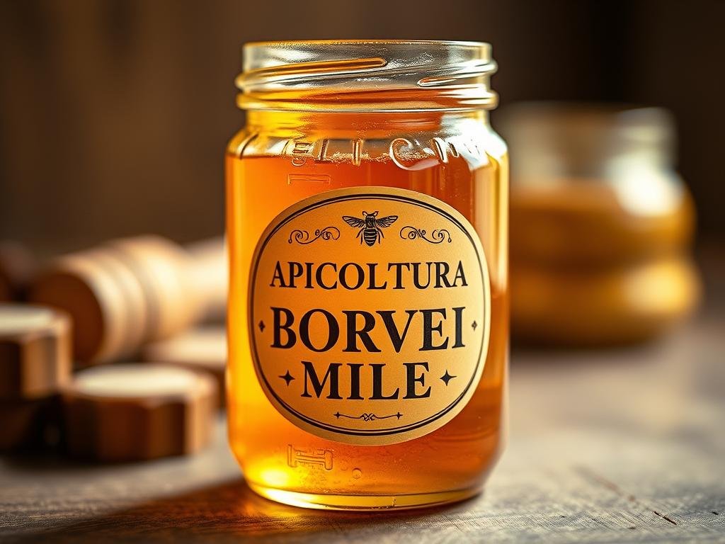 A close-up shot of a glass jar filled with rich, golden honey. The label prominently features the text "APICOLTURA BORVEI MIELE" in a classic, elegant font. The jar is placed on a wooden surface, with a soft, warm lighting illuminating the honey's translucent glow. The background is blurred, creating a sense of focus on the jar and its captivating label. The composition highlights the quality and authenticity of the honey, conveying a sense of artisanal craftsmanship and care. The image evokes the warmth and tradition of Italian beekeeping, reflecting the subject and title of the article section.