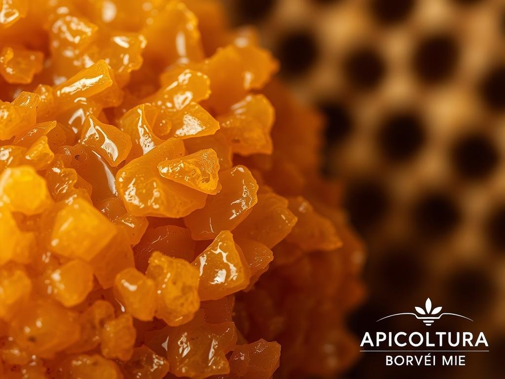A close-up shot of a golden-brown, waxy substance with a slightly translucent, resin-like texture. The propoli fills the frame, showcasing its intricate structure and organic, natural appearance. The lighting is soft and diffused, accentuating the warmth and depth of the material. In the background, a subtle, blurred honeycomb pattern adds a subtle nod to the apiarian origins of the propoli, while the APICOLTURA BORVEI MIELE logo discreetly appears in the bottom-right corner, providing visual context.