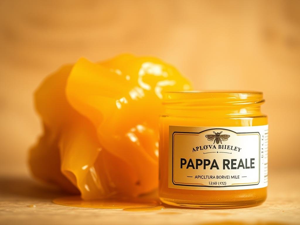A close-up shot of a golden-hued, waxy substance known as "pappa reale" or royal jelly. The substance is secreted by worker bees and used to nourish the queen bee. The image showcases the texture and color of the pappa reale, presenting it against a simple, uncluttered background that highlights its natural beauty. The lighting is soft and diffused, creating a warm, inviting atmosphere. In the foreground, the royal jelly is displayed in a glass jar or container, bearing the label "APICOLTURA BORVEI MIELE", a nod to the artisanal production of this unique bee-derived product. The overall composition and attention to detail aim to convey the essence of this natural substance and its potential benefits.