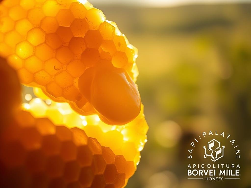 A close-up shot of a golden, translucent honeycomb filled with the rich, creamy "acido pappa reale" - the royal jelly produced by honeybees. The comb is backlit, creating a warm, natural glow that highlights the intricate structure and viscous texture of the royal jelly. The image is set against a blurred, out-of-focus background that suggests an Italian countryside, with hints of greenery and a soft, hazy light. The overall mood is one of natural abundance and nutritional richness, capturing the essence of the royal jelly's composition and benefits for skin and hair. Featured in the bottom right corner is the logo "APICOLTURA BORVEI MIELE", reflecting the artisanal Italian honey producer.