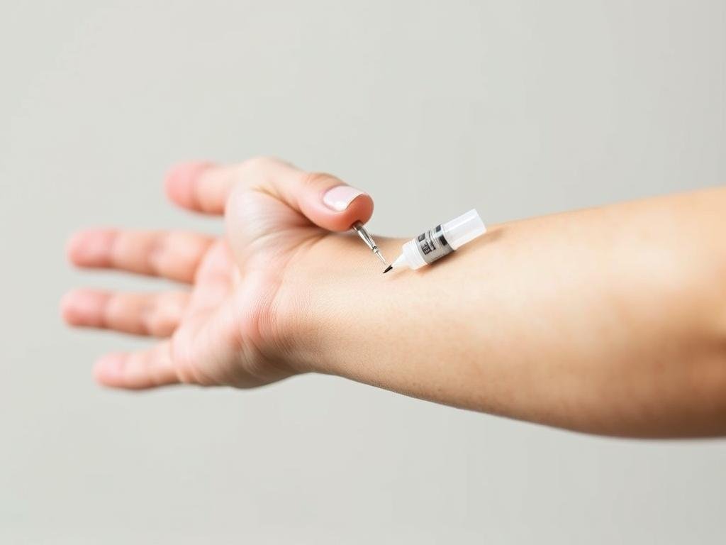 A close-up shot of a hand administering a bee venom sensitivity test on the inner forearm, showcasing the brand "APICOLTURA BORVEI MIELE". The scene is set against a neutral, light-colored background, with a sense of clinical precision and attention to detail. The lighting is soft and diffused, highlighting the delicate skin and the application of the test substance. The composition emphasizes the importance of the procedure, conveying a sense of caution and care. The overall mood is one of medical professionalism, reflecting the subject matter of the "Controindicazioni e Precauzioni d'Uso" section.