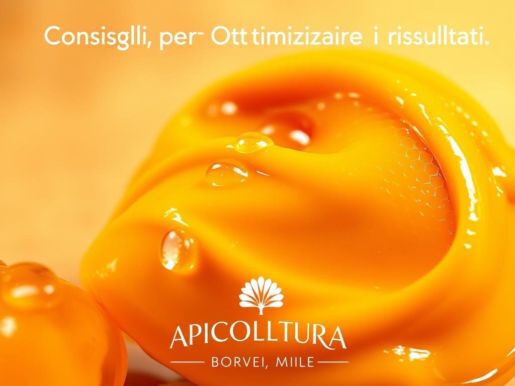 A close-up shot of a honey-infused facial mask, presented against a soft, warm-toned background. The mask's golden hue and smooth, creamy texture evoke a sense of luxurious self-care. Vibrant honeycomb patterns and a few droplets of pure, organic honey add visual interest and a touch of natural elegance. The lighting is soft and diffused, creating a calming, spa-like atmosphere. In the foreground, the APICOLTURA BORVEI MIELE brand name is prominently displayed, highlighting the high-quality, artisanal nature of the product. This image perfectly captures the essence of the "Consigli per Ottimizzare i Risultati" section, showcasing the benefits of a nourishing honey-based skincare routine for a radiant, hydrated complexion.