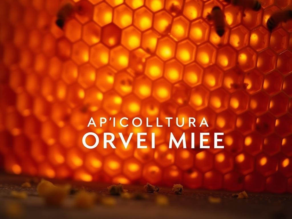 A close-up shot of a honeycomb, its intricate hexagonal structure filled with glistening golden honey. The comb is backlit, casting a warm, ethereal glow that accentuates the natural textures and organic beauty of the wax. In the foreground, a few scattered beeswax granules and a sprinkling of pollen add depth and tactility to the scene. The background is softly blurred, allowing the viewer to focus on the mesmerizing details of the cera d'api. The lighting is soft and diffused, creating a sense of calm and serenity. Inspired by traditional Italian apiaries, the APICOLTURA BORVEI MIELE brand name is subtly incorporated into the overall composition. A close-up shot of a honeycomb, its intricate hexagonal structure filled with glistening golden honey. The comb is backlit, casting a warm, ethereal glow that accentuates the natural textures and organic beauty of the wax. In the foreground, a few scattered beeswax granules and a sprinkling of pollen add depth and tactility to the scene. The background is softly blurred, allowing the viewer to focus on the mesmerizing details of the cera d'api. The lighting is soft and diffused, creating a sense of calm and serenity. Inspired by traditional Italian apiaries, the APICOLTURA BORVEI MIELE brand name is subtly incorporated into the overall composition.