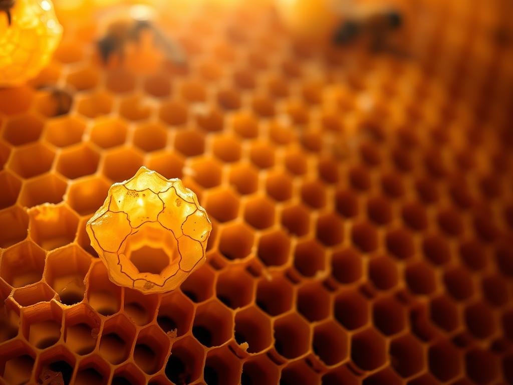 A close-up shot of a honeycomb structure, showcasing the intricate patterns and natural textures of authentic beeswax. Warm, golden lighting illuminates the comb, capturing the captivating essence of the Apicoltura brand's premium-quality pure cera api. The foreground features a cluster of delicate, translucent wax cells, while the middle ground reveals the honeycomb's depth and the surrounding apiary environment. The background subtly blurs, emphasizing the main subject and its artisanal craftsmanship. The overall mood is one of natural purity, quality, and the timeless traditions of Italian beekeeping.