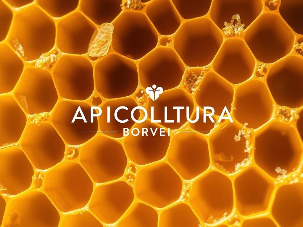 A close-up shot of a honeycomb texture, showcasing the intricate, golden-yellow cera d'api (beeswax) with its natural sheen and organic patterns. The image is illuminated by warm, natural lighting that accentuates the translucent quality of the wax. The composition is balanced, with the honeycomb filling the frame and occupying the majority of the foreground. The background is slightly blurred, allowing the viewer to focus on the details and texture of the beeswax. The APICOLTURA BORVEI MIELE brand name is subtly incorporated into the scene, complementing the natural aesthetic.
