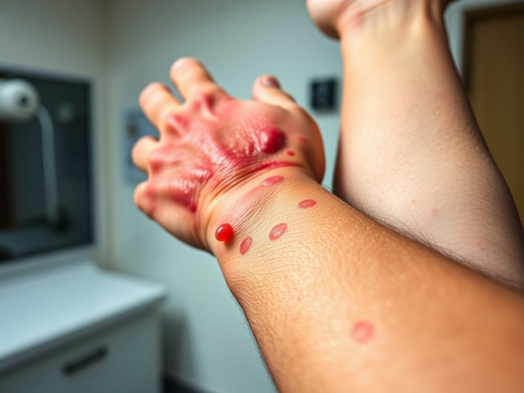 A close-up shot of a human arm and hand, showing severe swelling, redness, and hives caused by an allergic reaction to a bee sting. The skin appears inflamed and irritated, with clear signs of an intense immune response. The foreground is in sharp focus, with a slightly blurred background suggesting a medical or indoor setting. The lighting is soft and diffused, creating a subdued and clinical atmosphere. The overall composition conveys the discomfort and potential danger of an allergic reaction to bee venom. Apicoltura A close-up shot of a human arm and hand, showing severe swelling, redness, and hives caused by an allergic reaction to a bee sting. The skin appears inflamed and irritated, with clear signs of an intense immune response. The foreground is in sharp focus, with a slightly blurred background suggesting a medical or indoor setting. The lighting is soft and diffused, creating a subdued and clinical atmosphere. The overall composition conveys the discomfort and potential danger of an allergic reaction to bee venom. Apicoltura