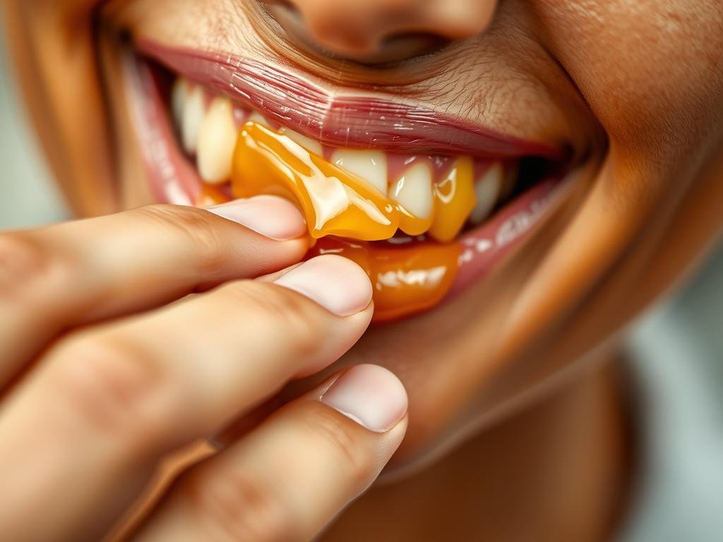 A close-up shot of a human hand gently applying a natural, golden-hued substance onto the gums and teeth. The scene is well-lit, with soft, warm lighting highlighting the texture and viscosity of the substance, which appears to be a natural honey-based product. The background is blurred, allowing the focus to remain on the application process, conveying a sense of care and attention to detail. The image should evoke the therapeutic and natural aspects of "apiterapia per la salute del cavo orale", as described in the "Applicazioni Specifiche dell'Apiterapia" section. APICOLTURA BORVEI MIELE.