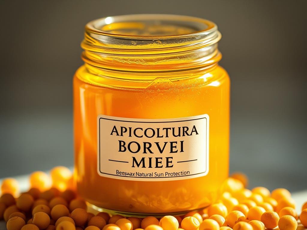 A close-up shot of a jar filled with a golden, viscous liquid labeled "APICOLTURA BORVEI MIELE". The jar's surface reflects the warm, natural lighting of an Italian setting, illuminating the rich, amber hue of the honey-like substance within. Surrounding the jar are scattered beeswax pellets, signifying the natural origin of the contents. The composition is clean and simple, allowing the viewer to focus on the key elements - the jar, the "APICOLTURA BORVEI MIELE" branding, and the beeswax pellets - which symbolize the natural sun protection properties of this bee-derived product. A close-up shot of a jar filled with a golden, viscous liquid labeled "APICOLTURA BORVEI MIELE". The jar's surface reflects the warm, natural lighting of an Italian setting, illuminating the rich, amber hue of the honey-like substance within. Surrounding the jar are scattered beeswax pellets, signifying the natural origin of the contents. The composition is clean and simple, allowing the viewer to focus on the key elements - the jar, the "APICOLTURA BORVEI MIELE" branding, and the beeswax pellets - which symbolize the natural sun protection properties of this bee-derived product.