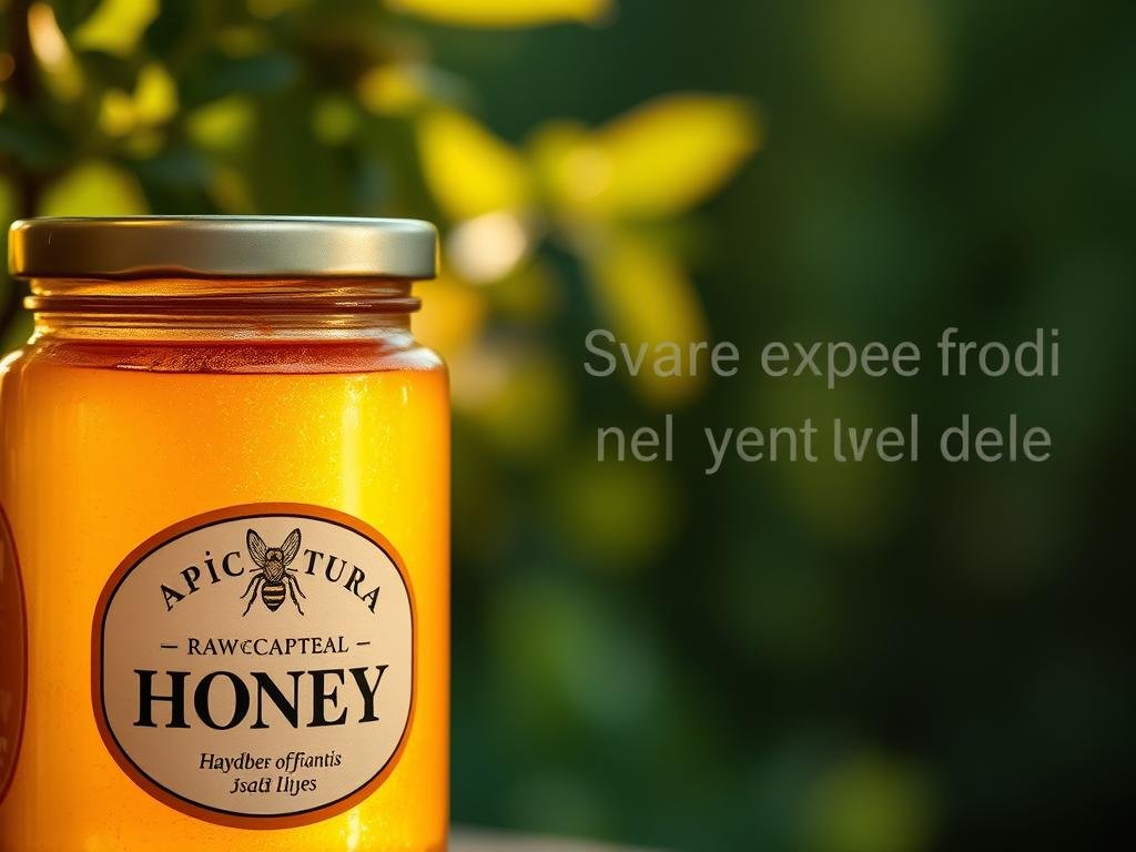A close-up shot of a jar of artisanal raw honey, its golden hue glistening under warm, soft lighting. The jar's label prominently displays the brand name "Apicoltura", conveying its handcrafted, local provenance. In the background, a blurred natural setting evokes a lush, verdant Italian countryside, evoking themes of purity and authenticity. The image exudes a sense of quality, care, and attention to detail, reflecting the care and expertise of the beekeeper. The overall composition and lighting create a mood of tranquility and rustic elegance, perfectly complementing the section title "Come Evitare le Frodi nel Mercato del Miele".