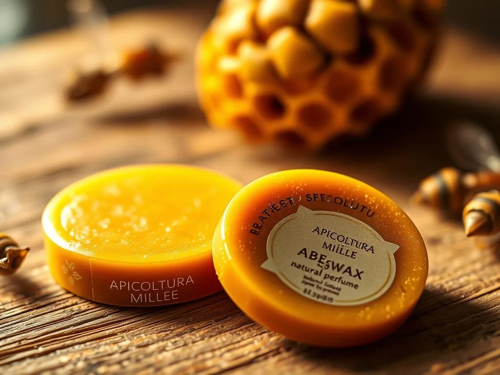A close-up shot of a solid natural perfume made with beeswax, captured from multiple angles. The perfume is displayed on a wooden surface, showcasing its smooth, artisanal texture and rich color. Warm, natural lighting illuminates the scene, highlighting the organic nature of the ingredients. In the background, a subtle honeycomb pattern adds a touch of rustic charm, complementing the APICOLTURA BORVEI MIELE brand. The overall composition conveys a sense of homemade craftsmanship and the luxurious, indulgent experience of using a solid natural perfume.