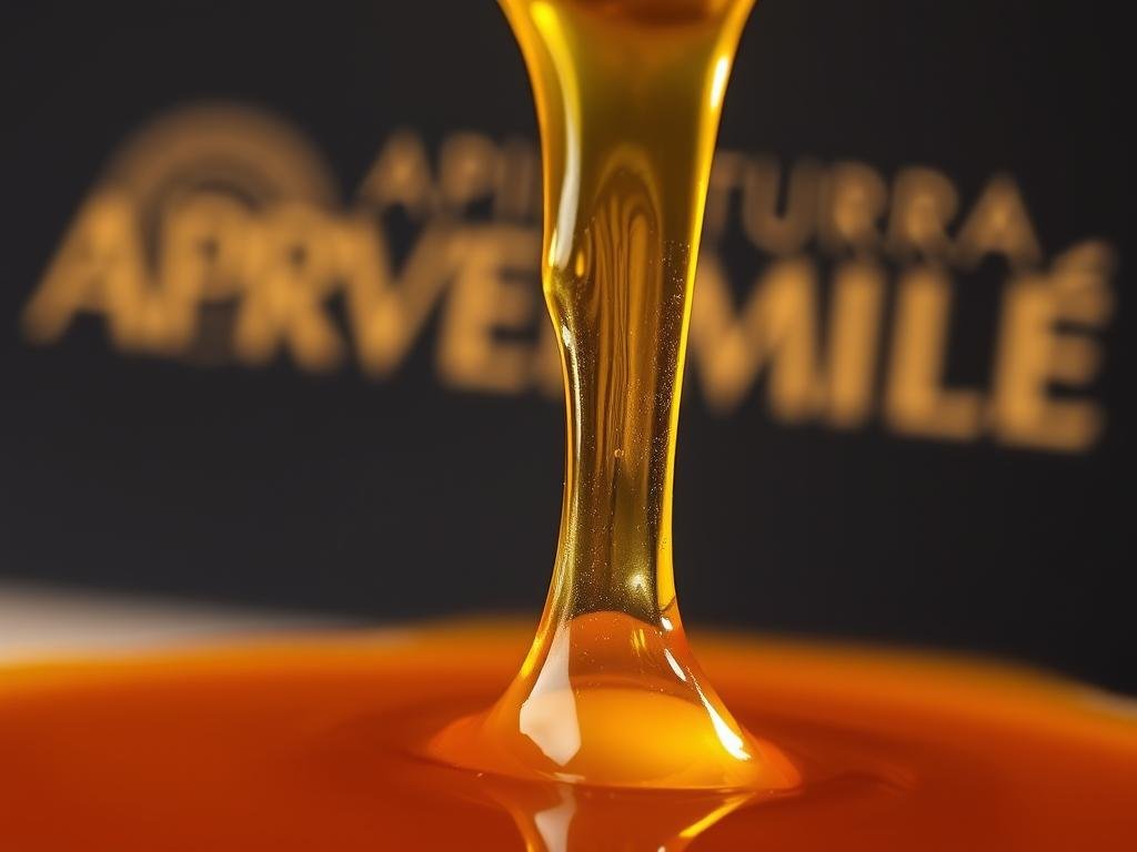 A close-up shot of a thick, golden honey reduction, glistening under warm lighting. The viscous liquid drips slowly, revealing its rich, syrupy texture. In the background, a blurred out APICOLTURA BORVEI MIELE logo adds authenticity. The image conveys the process of carefully crafting a perfect honey reduction, suitable for decorating gourmet dishes and desserts.