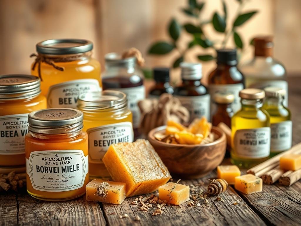 A close-up shot of a variety of natural skincare products, including beeswax and essential oils, artfully arranged on a rustic wooden surface. The foreground features an assortment of glass jars and tin containers, their labels displaying the brand name "APICOLTURA BORVEI MIELE". In the middle ground, there are small bowls filled with raw beeswax, dried herbs, and fragrant essential oils. The background showcases a soft, warm lighting, creating a cozy and inviting atmosphere. The overall composition conveys the natural, soothing, and versatile nature of these ingredients, perfect for creating a nourishing and gentle skin care remedy.
