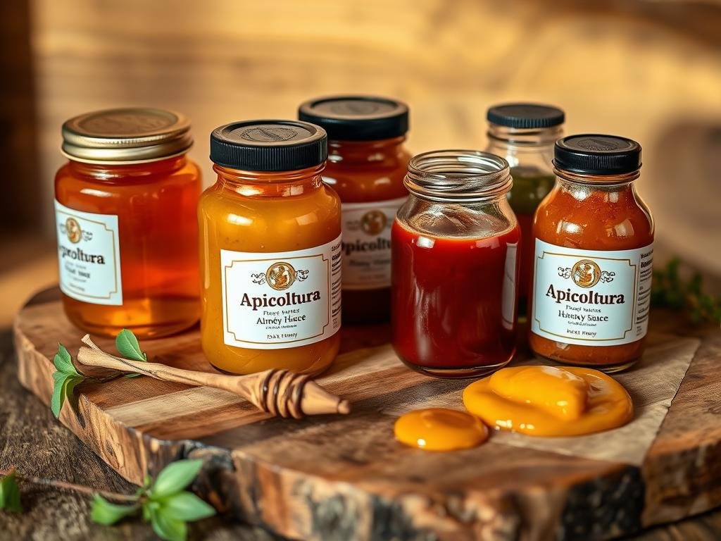 A close-up shot of a wooden serving board, adorned with artisanal honey jars and a variety of honey-based sauces. The board is set against a warm, rustic backdrop, with hints of natural light filtering in. The sauces, labeled "Apicoltura," are presented in various glass containers, each with a unique color and texture, reflecting the diverse flavors of honey-infused dessert toppings. The image conveys a sense of homemade, authentic craftsmanship, inviting the viewer to imagine the delicious possibilities of incorporating these honey-based sauces into their own culinary creations.