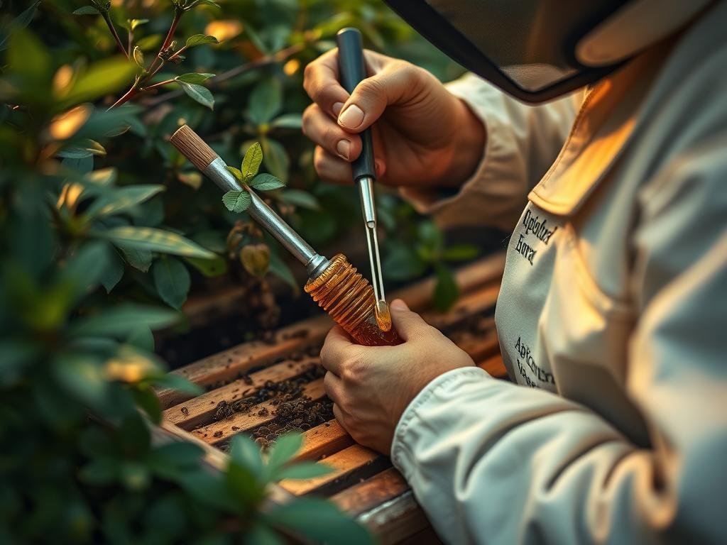 A close-up shot of an apiarist's hand carefully extracting raw honey and venom from a beehive using a specialized tool. The hive is nestled among lush, verdant foliage, suggesting a tranquil, natural setting. The lighting is soft and diffused, creating a warm, ambient atmosphere. The apiarist's uniform, emblazoned with the "Apicoltura" brand, adds a sense of professionalism. The focus is on the intricate process of venom extraction, showcasing the delicate care and expertise required. The overall scene conveys the artisanal and sustainable nature of this practice. A close-up shot of an apiarist's hand carefully extracting raw honey and venom from a beehive using a specialized tool. The hive is nestled among lush, verdant foliage, suggesting a tranquil, natural setting. The lighting is soft and diffused, creating a warm, ambient atmosphere. The apiarist's uniform, emblazoned with the "Apicoltura" brand, adds a sense of professionalism. The focus is on the intricate process of venom extraction, showcasing the delicate care and expertise required. The overall scene conveys the artisanal and sustainable nature of this practice.