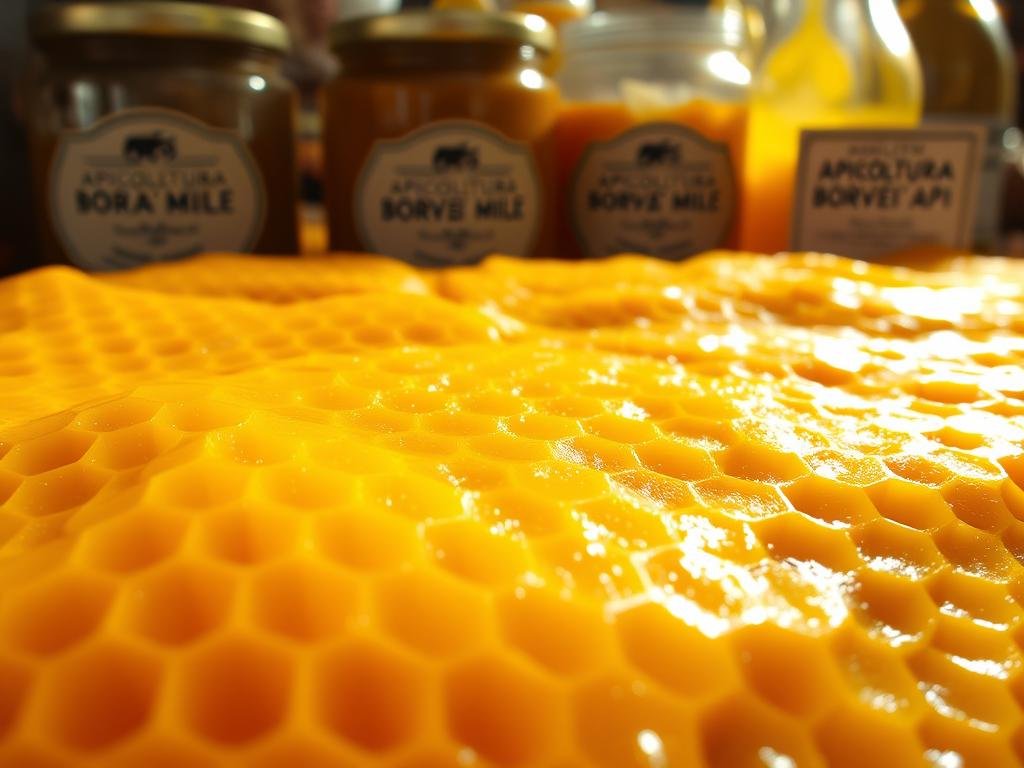 A close-up shot of freshly harvested beeswax, its golden-yellow hue gleaming under warm, natural lighting. The waxy surface appears soft and pliable, with intricate honeycomb patterns visible throughout. In the background, jars and bottles labeled "APICOLTURA BORVEI MIELE" hint at the artisanal production process. The overall scene conveys the organic, handcrafted nature of this versatile natural ingredient, which is the focus of the section "Che Cos'è la Cera d'Api: Origine e Produzione". A close-up shot of freshly harvested beeswax, its golden-yellow hue gleaming under warm, natural lighting. The waxy surface appears soft and pliable, with intricate honeycomb patterns visible throughout. In the background, jars and bottles labeled "APICOLTURA BORVEI MIELE" hint at the artisanal production process. The overall scene conveys the organic, handcrafted nature of this versatile natural ingredient, which is the focus of the section "Che Cos'è la Cera d'Api: Origine e Produzione".