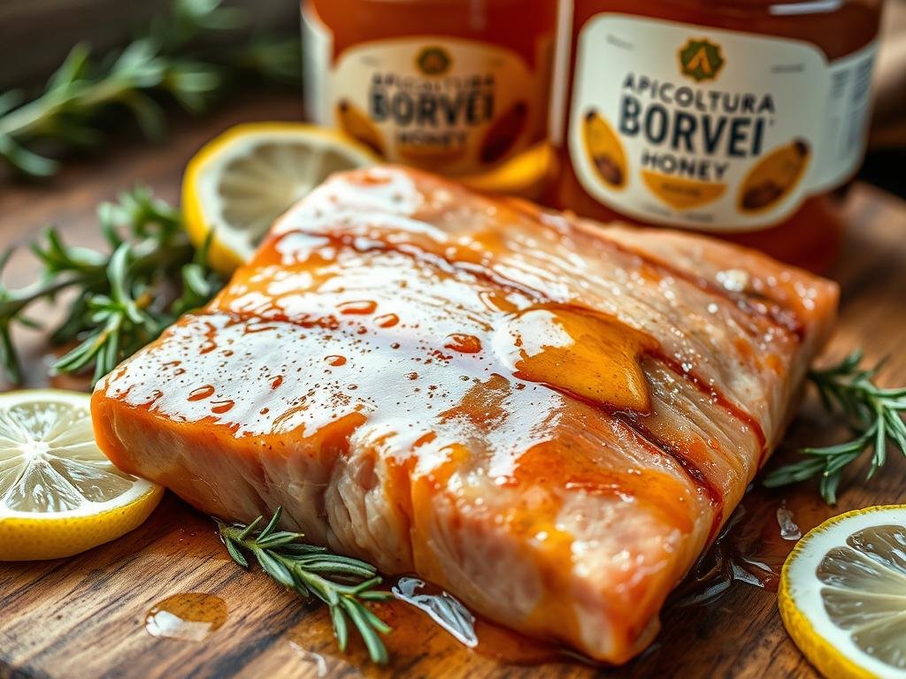 A close-up shot of freshly prepared honey-marinated tuna steak, glistening with a golden honey glaze. The tuna is positioned on a rustic wooden board, surrounded by sprigs of rosemary, thyme, and lemon slices, creating a natural, earthy composition. The lighting is soft and warm, accentuating the rich hues of the fish and the vibrant colors of the accompanying ingredients. In the background, a jar of APICOLTURA BORVEI MIELE honey stands as a testament to the key ingredient in this mouthwatering marinade. A close-up shot of freshly prepared honey-marinated tuna steak, glistening with a golden honey glaze. The tuna is positioned on a rustic wooden board, surrounded by sprigs of rosemary, thyme, and lemon slices, creating a natural, earthy composition. The lighting is soft and warm, accentuating the rich hues of the fish and the vibrant colors of the accompanying ingredients. In the background, a jar of APICOLTURA BORVEI MIELE honey stands as a testament to the key ingredient in this mouthwatering marinade.