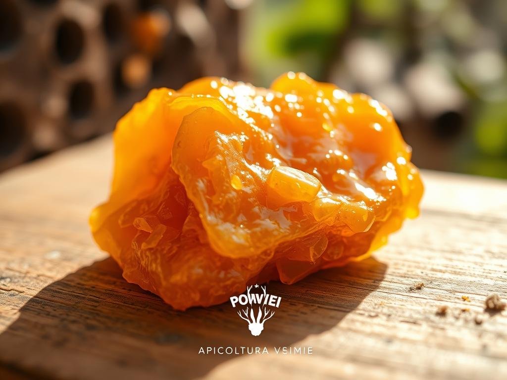 A close-up shot of golden-brown propolis resin, glistening with natural sheen, nestled on a wooden surface. The propolis exhibits a rich, textured appearance, with intricate patterns and variations in hue. The image is bathed in warm, soft lighting, casting gentle shadows that accentuate the depth and complexity of the material. In the background, a blurred, natural setting evokes the hive's natural environment, subtly hinting at the product's origin. The overall composition conveys the essence of propolis - its artisanal, handcrafted quality and its deep connection to the world of bees. The brand name "APICOLTURA BORVEI MIELE" is prominently displayed in the lower portion of the frame.