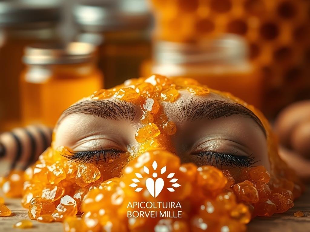 A close-up shot of propolis, a natural resin produced by bees, against a blurred background of honey jars and honeycombs. The propolis appears glossy and amber-colored, with intricate textures and patterns visible. The lighting is soft and warm, creating a cozy, natural atmosphere. In the foreground, a pair of human eyes are gently closed, symbolizing the potential of propolis to support eye health. The APICOLTURA BORVEI MIELE logo is subtly incorporated into the scene, highlighting the authentic, artisanal nature of the product.