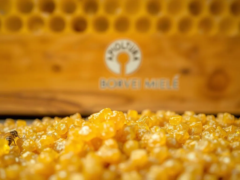 A close-up shot of propolis, a resinous substance produced by honeybees. The propolis is golden-brown in color, with a textured, sticky surface. The foreground is in sharp focus, revealing the intricate detail and varied hues of the propolis. The middle ground features a blurred backdrop of a warm, honey-colored hive, with the APICOLTURA BORVEI MIELE logo subtly visible. The lighting is soft and diffused, creating a natural, earthy atmosphere. The overall composition emphasizes the natural beauty and purity of the propolis, conveying a sense of the care and craftsmanship involved in its production.