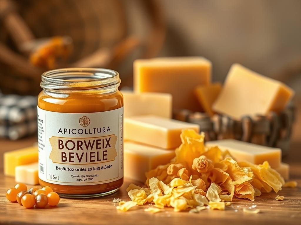 A close-up shot of various types of beeswax used in cosmetics, capturing their natural texture and color variations. The beeswax is arranged on a warm, wooden surface, with a soft, diffused lighting that enhances the organic, earthy tones. In the foreground, a jar of APICOLTURA BORVEI MIELE stands prominently, showcasing the brand's high-quality, artisanal beeswax. The middle ground features an assortment of beeswax blocks, pellets, and shavings, each with its unique sheen and translucency. In the background, a subtle, out-of-focus backdrop suggests a cozy, rustic setting, hinting at the beeswax's connection to traditional beekeeping practices. The overall composition conveys a sense of natural beauty, artisanal craftsmanship, and the essential role of beeswax in creating nourishing, hydrating cosmetic products.