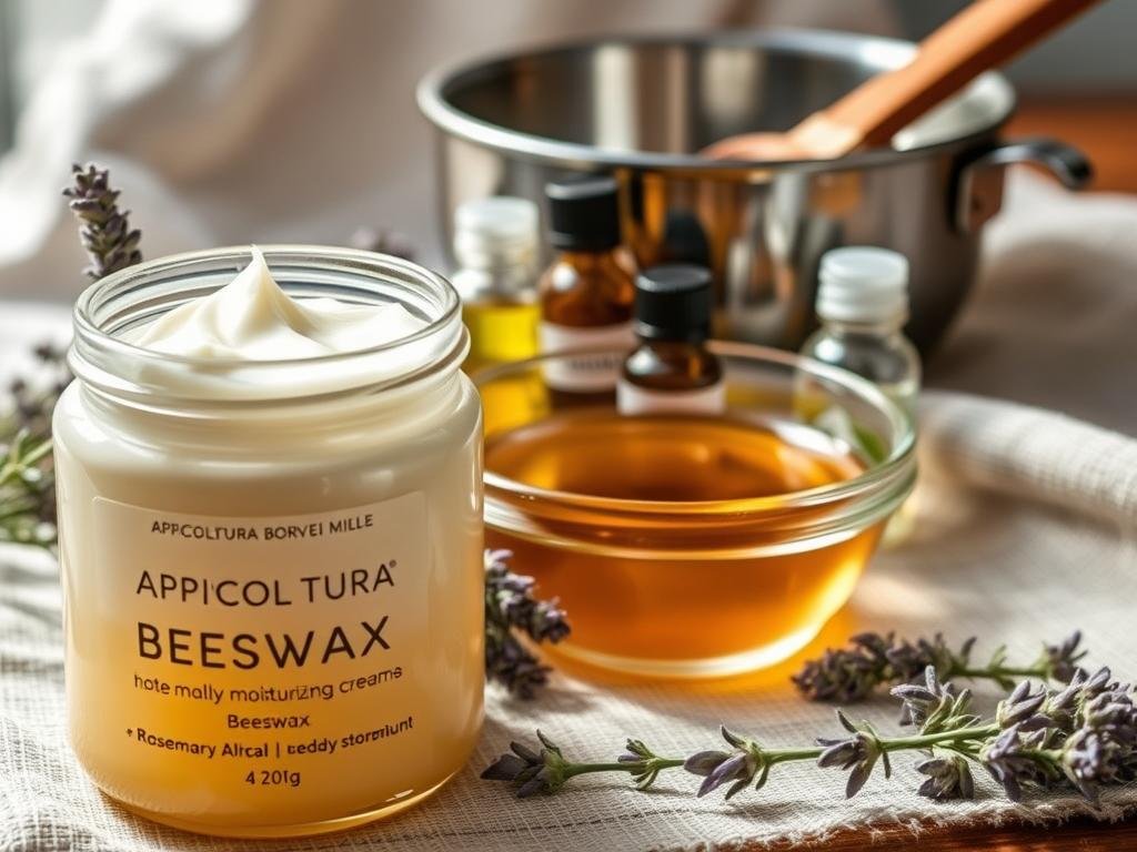 A close-up still life arrangement of the key ingredients for a homemade moisturizing cream with beeswax. In the foreground, a jar of creamy white beeswax from APICOLTURA BORVEI MIELE, a glass bowl of rich, golden honey, and a bundle of fresh lavender sprigs. In the middle ground, an assortment of essential oils in small glass bottles, including rosemary, chamomile, and geranium. Behind them, a wooden spoon and a stainless steel mixing bowl on a linen cloth. Soft, natural lighting illuminates the composition, highlighting the textures and hues of the natural, organic elements. The overall mood is warm, earthy, and evocative of a homemade, wellness-focused skincare product.