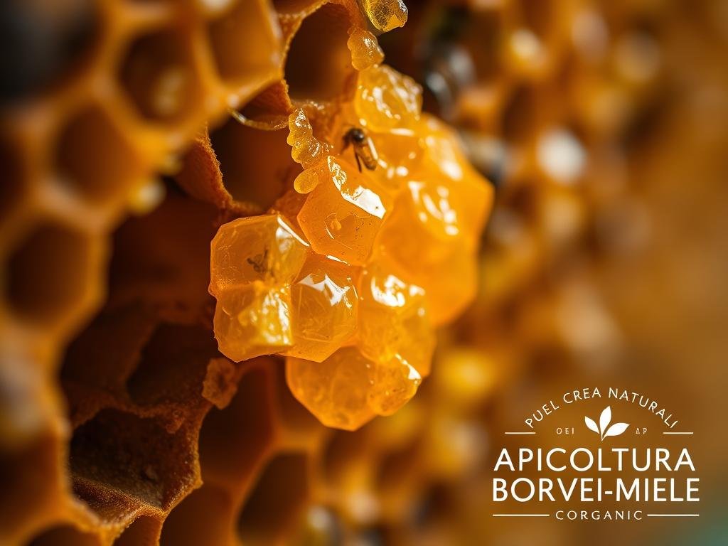 A close-up view of a beehive, showcasing the natural golden-brown propolis resin collected by honeybees. The propolis is highlighted, with a detailed texture and sheen, showcasing its viscous, sticky consistency. The background features blurred, out-of-focus hues of green and yellow, suggesting a lush, natural environment. The lighting is soft and diffused, creating a warm, gentle mood. In the bottom right corner, the label "APICOLTURA BORVEI MIELE" is subtly integrated, highlighting the artisanal and organic nature of this natural product.