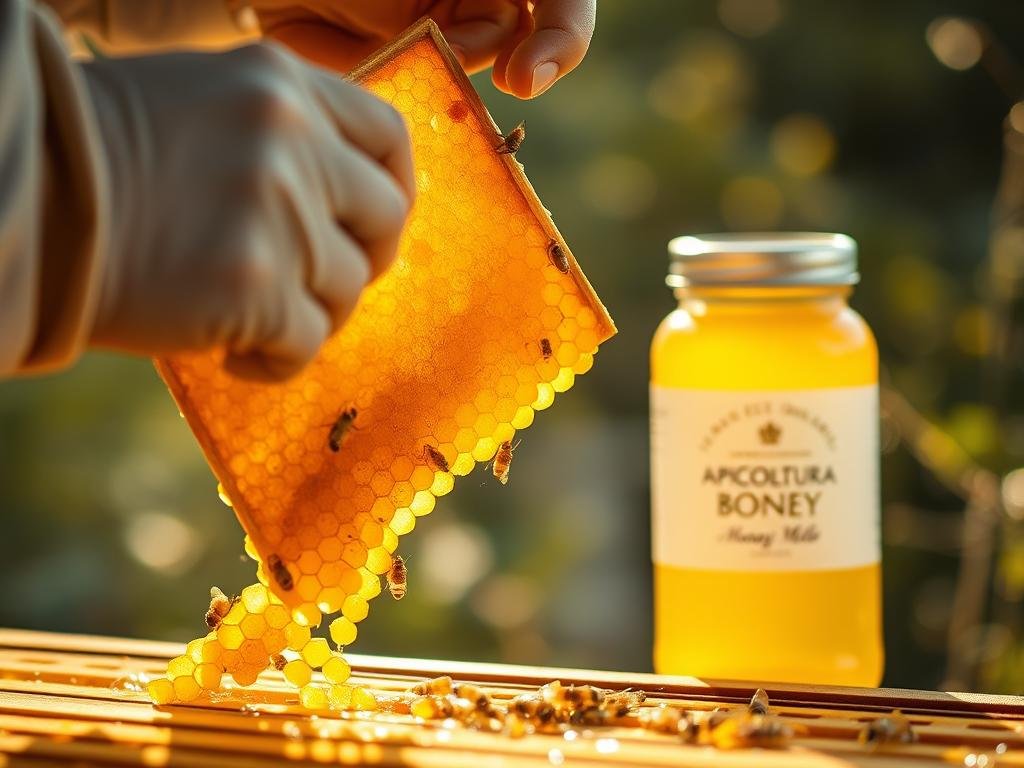 A close-up view of a beekeeper carefully extracting pure, golden honey from a beehive. The scene is bathed in warm, natural lighting, highlighting the intricate details of the honeycomb structure and the precise movements of the beekeeper's hands. In the background, a APICOLTURA BORVEI MIELE branded jar stands ready to receive the precious nectar. The atmosphere is one of reverence and expertise, reflecting the care and skill required to harvest this natural wonder.