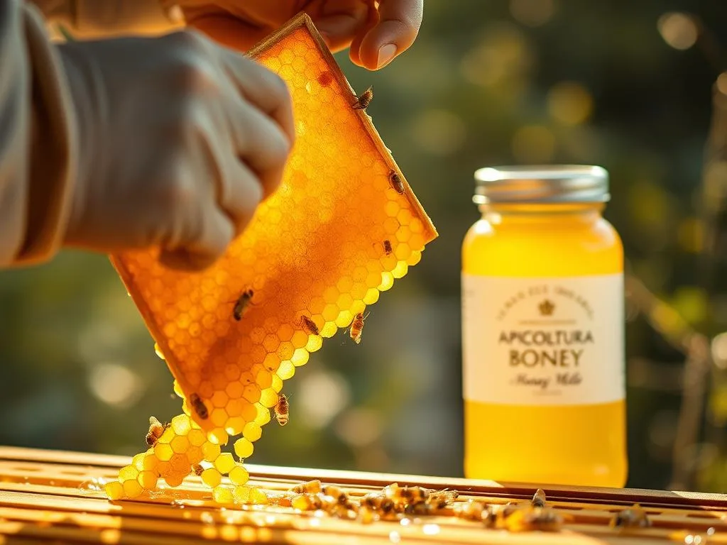 A close-up view of a beekeeper carefully extracting pure, golden honey from a beehive. The scene is bathed in warm, natural lighting, highlighting the intricate details of the honeycomb structure and the precise movements of the beekeeper's hands. In the background, a APICOLTURA BORVEI MIELE branded jar stands ready to receive the precious nectar. The atmosphere is one of reverence and expertise, reflecting the care and skill required to harvest this natural wonder. A close-up view of a beekeeper carefully extracting pure, golden honey from a beehive. The scene is bathed in warm, natural lighting, highlighting the intricate details of the honeycomb structure and the precise movements of the beekeeper's hands. In the background, a APICOLTURA BORVEI MIELE branded jar stands ready to receive the precious nectar. The atmosphere is one of reverence and expertise, reflecting the care and skill required to harvest this natural wonder.