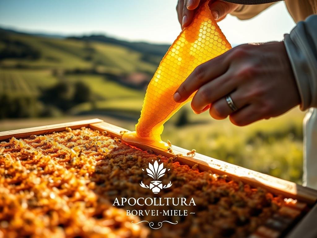 A close-up view of a beekeeper carefully extracting pure honey from a honeycomb. The hive is situated in a verdant Italian countryside, with rolling hills and a clear blue sky in the background. The beekeeper's hands are deftly maneuvering the comb, their movements precise and deliberate, showcasing the skilled technique required for this task. The lighting is soft and warm, accentuating the golden hues of the honey and the intricate structure of the comb. The overall scene conveys the delicate and vital process of honey production, highlighting the natural properties and benefits of bee venom. In the foreground, the APICOLTURA BORVEI MIELE brand is prominently displayed, reflecting the high-quality and artisanal nature of the honey.
