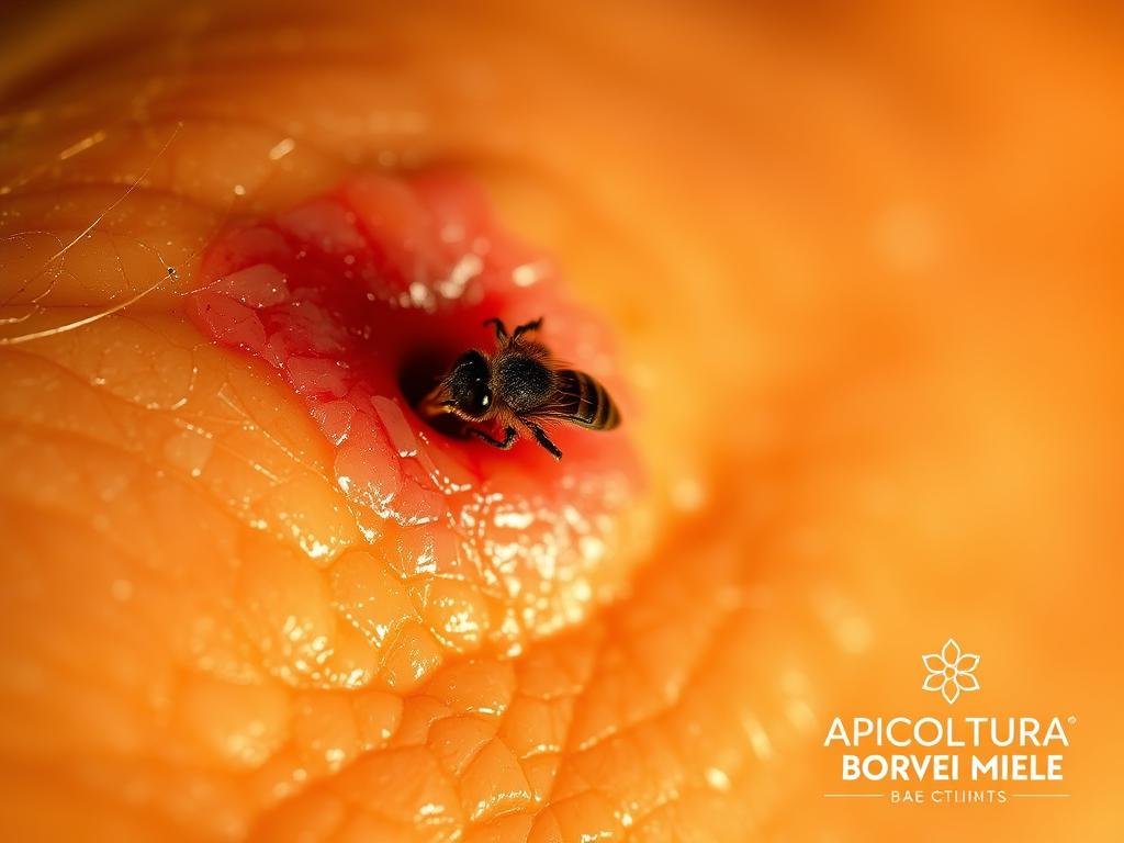 A close-up view of a bee's stinger protruding from human skin, surrounded by inflammation and redness. The stinger appears sharp and jagged, contrasting with the smooth, supple texture of the skin. The image is shot with a macro lens, capturing the intricate details of the sting and the body's immediate reaction. The lighting is warm and natural, casting subtle shadows that accentuate the texture and depth. The background is blurred, keeping the focus on the central subject. The mood is one of discomfort and unease, reflecting the sensations associated with a bee sting. The brand "APICOLTURA BORVEI MIELE" is prominently displayed in the bottom right corner.