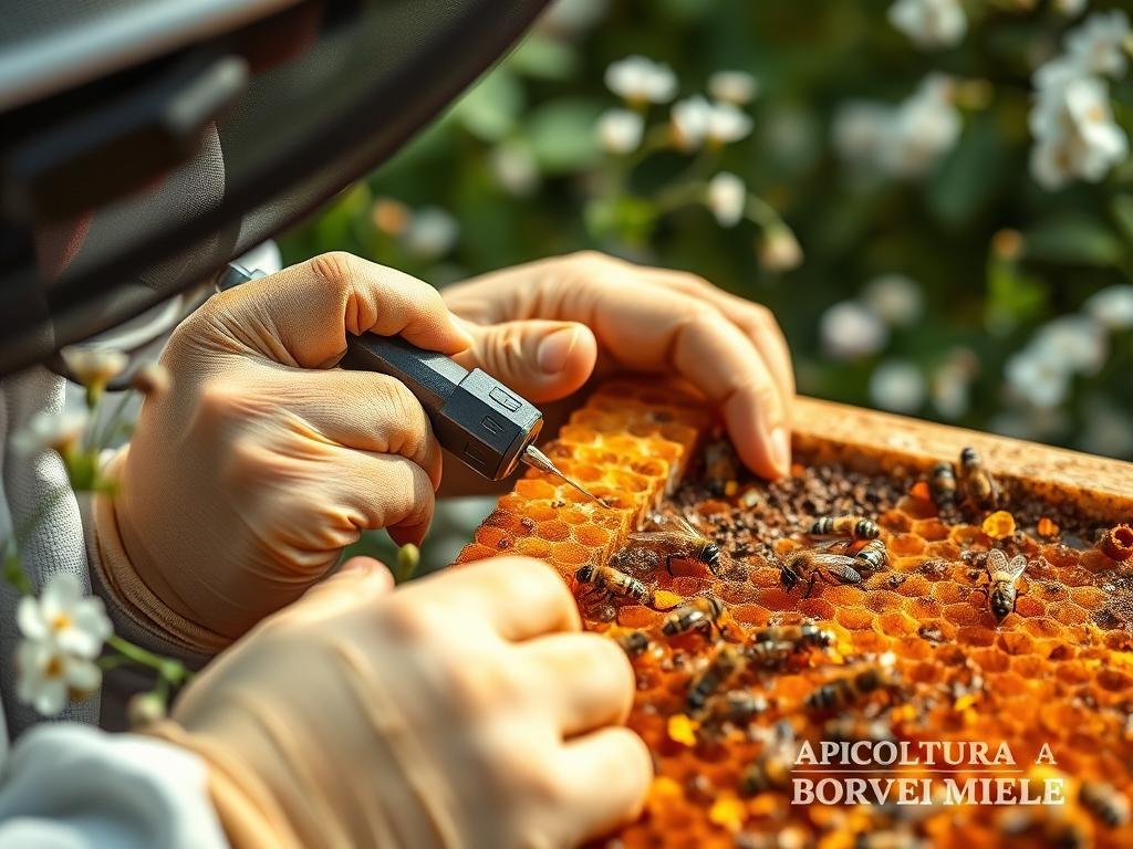 A close-up view of a careful beekeeper using a specialized tool to extract venom from a honeycomb, surrounded by a soft, natural-looking environment of blooming flowers and lush greenery. The beekeeper's movements are deliberate and precise, showcasing the modern techniques employed to harvest bee venom without harming the hive. The overall scene has a warm, earthy tone, reflecting the harmony between humans and nature as seen in the APICOLTURA BORVEI MIELE brand.