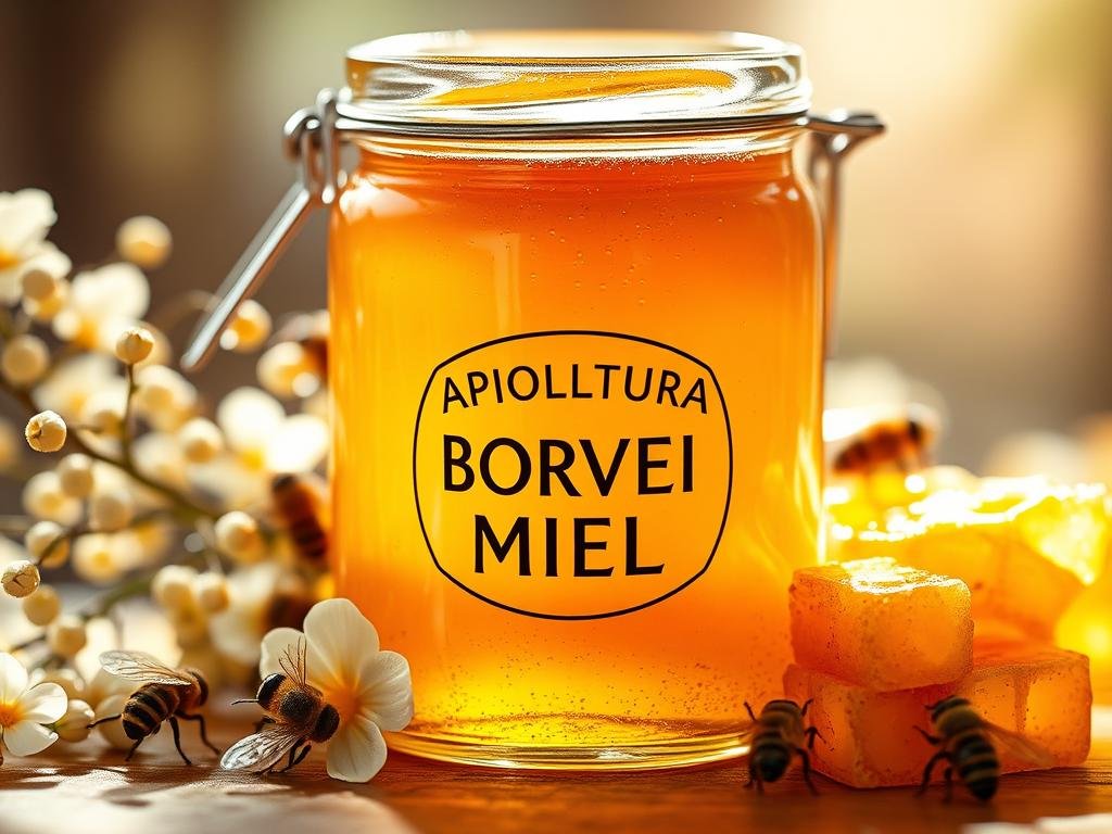 A close-up view of a glass jar filled with a rich, golden-colored liquid, labeled "APICOLTURA BORVEI MIELE". The jar is surrounded by fresh honeycomb, blossoms, and a few scattered bee figurines, all bathed in warm, natural lighting. The composition evokes the artisanal, rustic charm of Italian honey production, reflecting the benefits and properties of bee venom as a natural remedy.