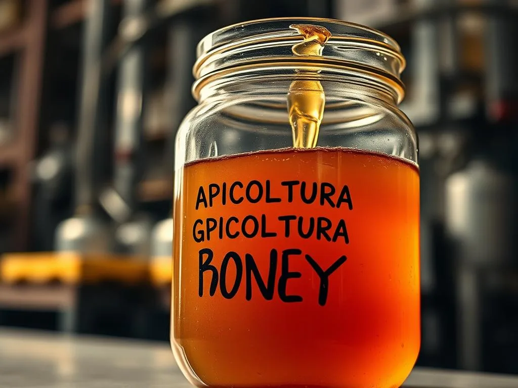 A close-up view of a glass jar filled with a thick, golden-colored liquid that appears to be adulterated honey. The jar is labeled "APICOLTURA BORVEI MIELE", suggesting it is a counterfeit product. The background is blurred, but there are subtle hints of industrial equipment or warehousing, hinting at the illicit production and distribution of this compromised food item. Soft, warm lighting casts shadows that add depth and texture to the scene, emphasizing the viscous, unnatural consistency of the contents. The overall mood is one of concern and disappointment, reflecting the serious issue of honey adulteration in the global market.