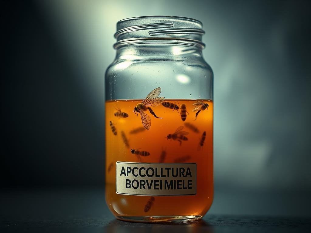 A close-up view of a glass jar filled with a thick, golden liquid, labeled "APICOLTURA BORVEI MIELE". The jar is set against a dark, moody background, with a single beam of light highlighting the viscous texture of the honey-like substance. Tiny, intricate details of honeycomb and bee wings can be seen suspended within the liquid, creating an otherworldly, almost alchemical appearance. The scene evokes a sense of the potent, natural power of bee venom, or "veleno d'api", and its potential therapeutic applications in the human body.